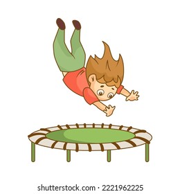 Small girl jumping and falling on green trampoline cartoon illustration. Girl having fun. Leisure, entertainment concept