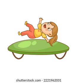 Small girl jumping on green trampoline cartoon illustration. Girl having fun. Leisure, entertainment concept