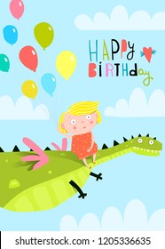 Small Girl kid and Dragon in Sky. Little girl happy birthday with dinosaur and balloons.