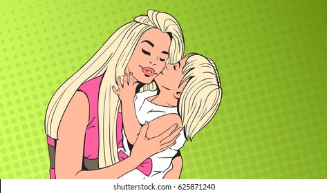 Small Girl Kisses Woman, Mother With Daughter Over Pop Art Retro Pin Up Background Vector Illustration