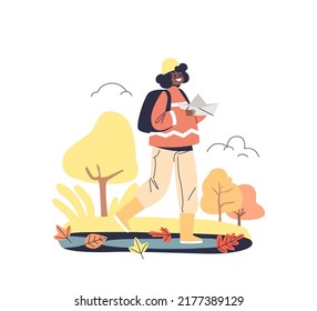 Small girl launch paper boat in puddle in autumn park. Happy kid in boots enjoy walking in fall park or forest outdoors. Outside autumn activity for children concept. Cartoon flat vector illustration