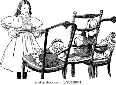 A small girl with loose hair is standing and playing tea time with her three dolls, placed in three individual chairs, vintage line drawing or engraving illustration.