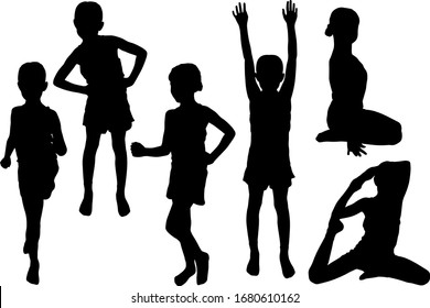 Small girl makes gymnastic. Different poses silhouettes set on whie background