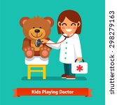 Small girl playing a doctor with plush teddy bear toy. Kid examining patient. Flat style vector illustration isolated on cyan background.