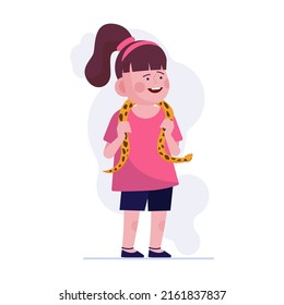 Small girl playing with domestic snake. Kids holding their snake and parrot flat vector illustration. Pets, animal care, petting zoo concept for banner