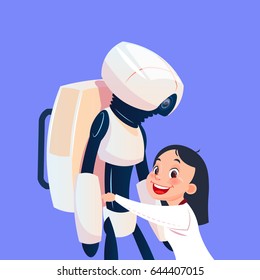 Small Girl Playing With Modern Robot, Futuristic Artificial Intelligence Technology Concept Flat Vector Illustration