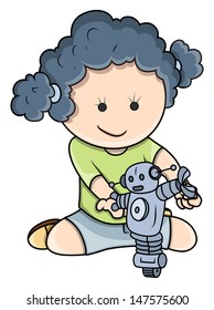 Small Girl Playing with Robots - Vector Cartoon Illustration
