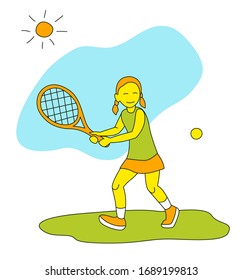 Small girl playing tennis. Vector illustration in a flat style. Isolated on a white background. Sports concept.