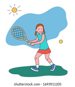 Small girl playing tennis. Vector illustration in a flat style. Isolated on a white background. Sports concept.