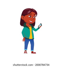 small girl with positive emotion reading sms message on phone display cartoon vector. 