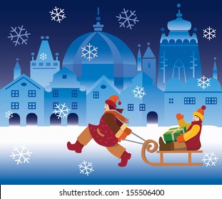 Small girl pulling a boy  with a Christmas Box  on a sled on the christmas town background. Vector illustration . 