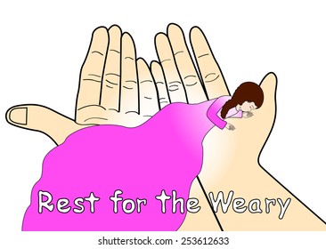 Small girl rest on big hand -Rest for the Weary -Vector illustration 
