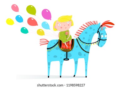 Small Girl Riding a Horse with Holiday Balloons. Cute funny Girl Rider on horse with balloons. Vector cartoon.