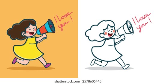 a small girl shout with a megaphone for a valentine design element or coloring book element