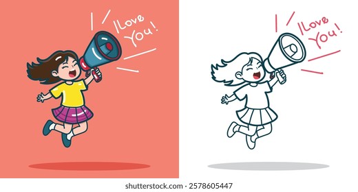 a small girl shout with a megaphone for a valentine design element or coloring book element