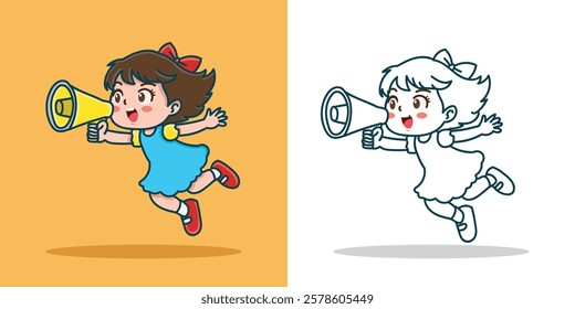 a small girl shout with a megaphone for a valentine design element or coloring book element