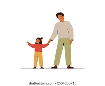 Small girl showing and saying something to her father. Communication between parent and child. Man listening his daughter and hold her hand. Vector illustration