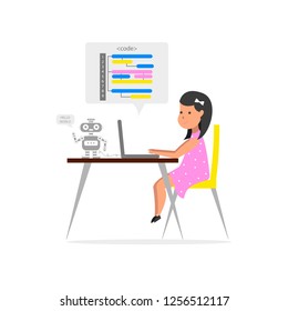 Small girl sitting in front of her laptop and writing code. Robotics technology. Children coding. Vector illustration.