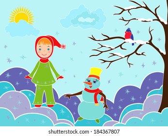 Small girl with snowman among snowdrifts, multicolor vector illustration