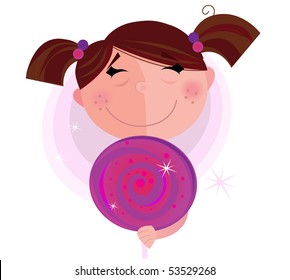 Small girl with sweet lollipop isolated on white background. Child with candy. Vector cartoon Illustration.