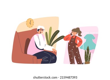 Small girl talking with grandmother on phone call. Granddaughter calling grandma happy smiling. Mobile phone conversation communication concept. Cartoon flat vector illustration