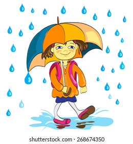 Small girl with umbrella under rain