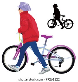 Small girl walking with bike. Spring casual clothes. Vector color illustration.