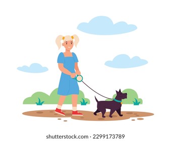 Small girl walking her dog. They walk in the park. Best friends. Vector graphic.