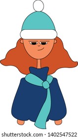 A small girl wearing a blue dress, hat and a blue scarf , vector, color drawing or illustration.