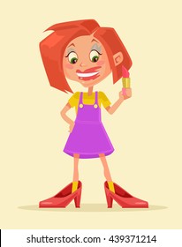 Small girl wearing mothers high heel shoes and make up with red lipstick. Vector flat cartoon illustration