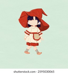 A small girl wears a large red witch hat, a matching outfit with ruffled edges, and carries a small pouch, standing against a plain background.