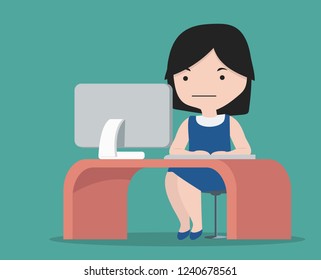 small girl working in office with desktop computer 