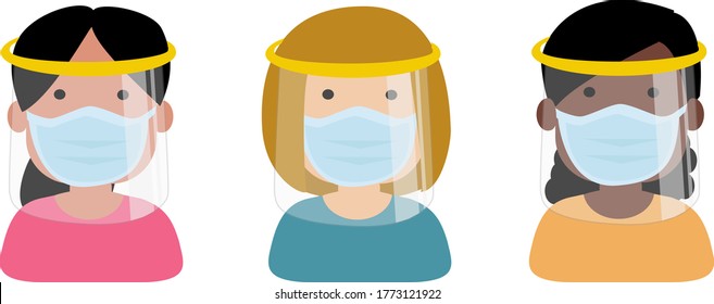 Small girls with face mask and face shield protection - isolated