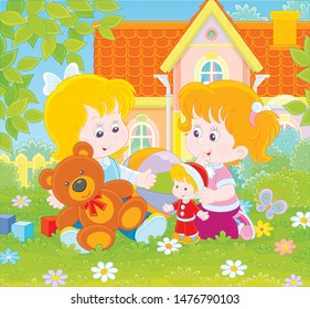 Small girls playing with toys among flowers on green grass of a front lawn of their house on a sunny summer day, vector illustration in a cartoon style