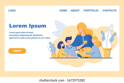 Small Girls And Their Elder Brother With Coin And Piggy Bank, Listening To Mom Attentively. Patient Parent, Teaching Kids Basics Saving Money. Flat Vector Landing Page With Copy Space For Your Text.