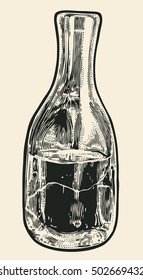 Small Glass Bottle With Sake. Hand Drawn Design Element. Engraving Style. Vector Illustration.