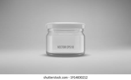 Small glass jam jar with a lid. A transparent jar with a white lid. Realistic 3D illustration. Vector