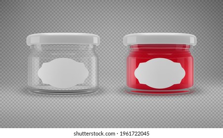 Pequeño frasco de confitura de vidrio con tapa. Ilustración 3D realista. Vector