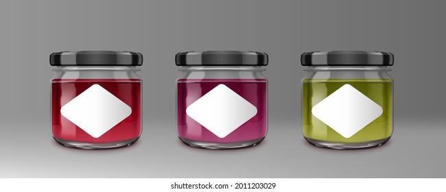 Small Glass Jam Jars With Black Lids And Clear White Labels. EPS10 Vector