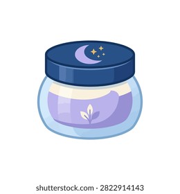 A small glass jar filled with purple cream, topped with a dark blue lid featuring a crescent moon and stars.