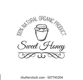 Small glass jar with golden honey on white closeup and exclusive hand written vector lettering Sweet honey. Vector Illustration