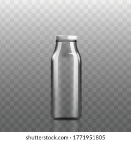 Small glass milk bottle mockup isolated on transparent background - realistic clear drink container with white closed lid. Beverage packaging template - vector illustration.