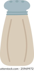 A small glass salt shaker with a light-colored body and a metal lid is displayed on a flat surface. It is a common utensil found in kitchens and dining areas.
