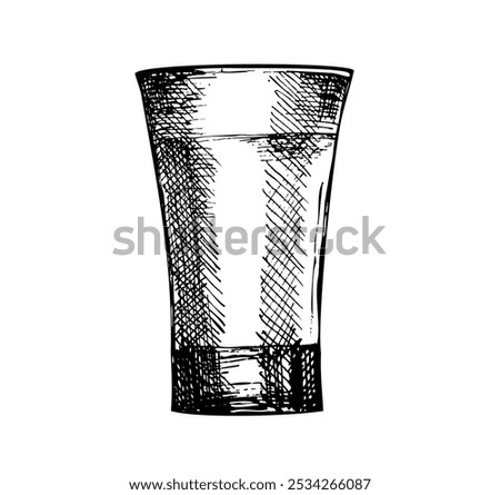 A small glass for strong alcoholic drinks. A glass for vodka, whiskey, liqueurs and bitters. Hand drawn sketch of a glass. Black and white isolated illustration on white background
