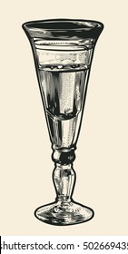 Small Glass Of Vodka. Hand Drawn Design Element. Engraving Style. Vector Illustration.