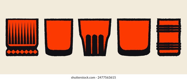 Small glasses for drinks. Vector flat illustration with texture. Tumbler glass set. Juice glass for bar. Collection of small glass glasses for tea, cocktails, soft drinks, tequila, cocktail, whiskey