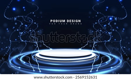 Small glowing particles on dark background with white podium and blue neon light effect surrounding, futuristic product promotion technology scene design concept.