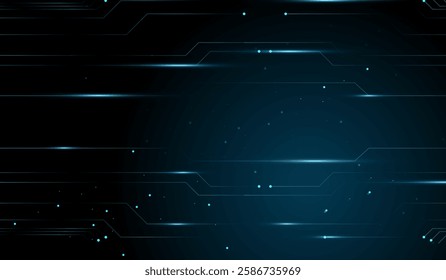Small glowing particles scattered throughout. Vector illustration. A abstract technology futuristic design with glowing blue circuit-like lines on a dark background