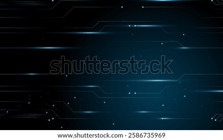 Small glowing particles scattered throughout. Vector illustration. A abstract technology futuristic design with glowing blue circuit-like lines on a dark background