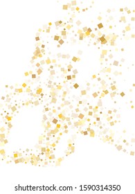 Small gold confetti sequins tinsels scatter on white. Luxurious holiday vector sequins background. Gold foil confetti party particles graphic design. Rhombus pieces invitation backdrop.